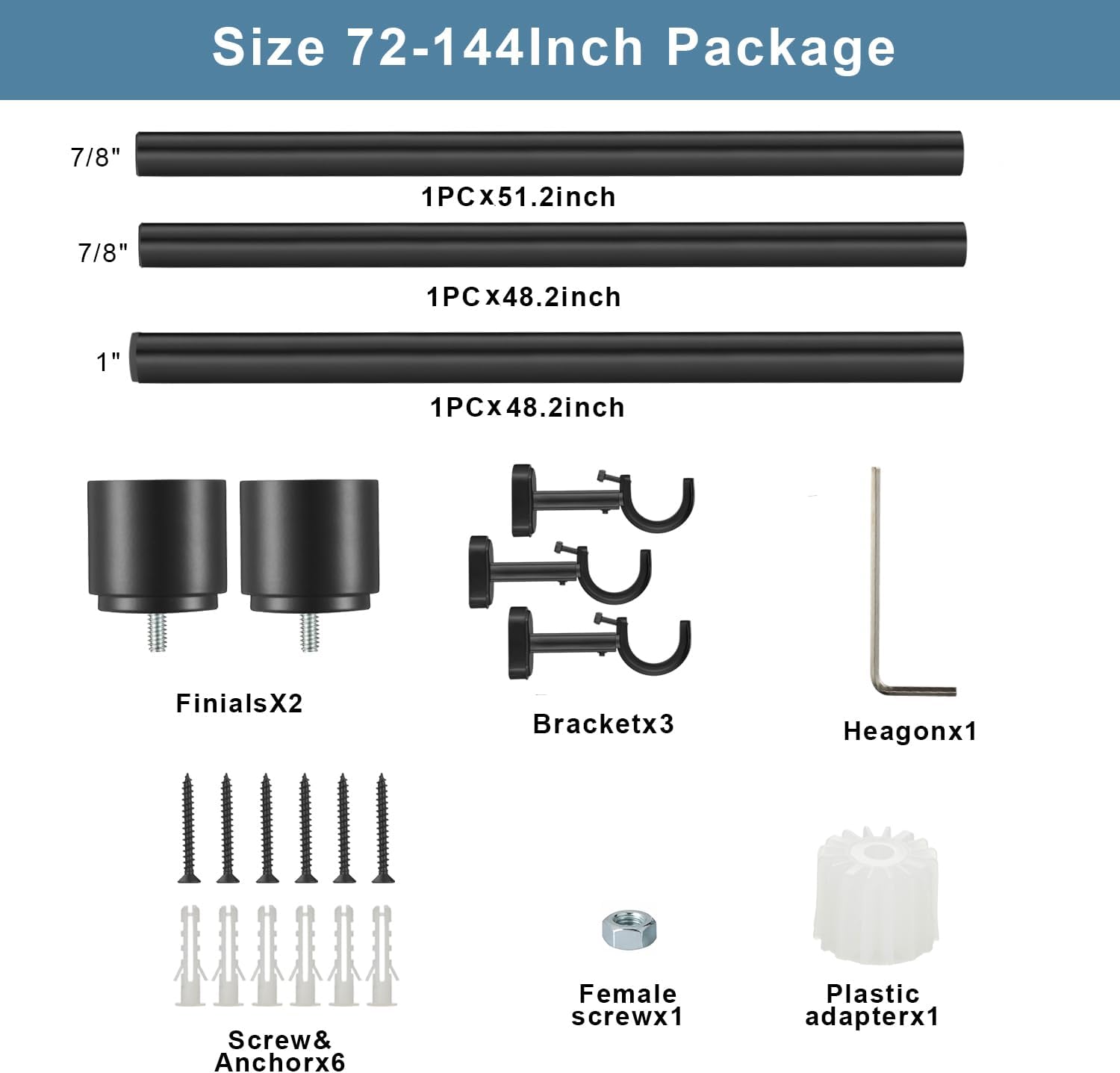 1 1/8 Inch Diameter Curtain Rods, 72-144” Telescoping Large Single Window Drapery Rod Heavy Duty With Adjustable Modern Brackets, Matte Black